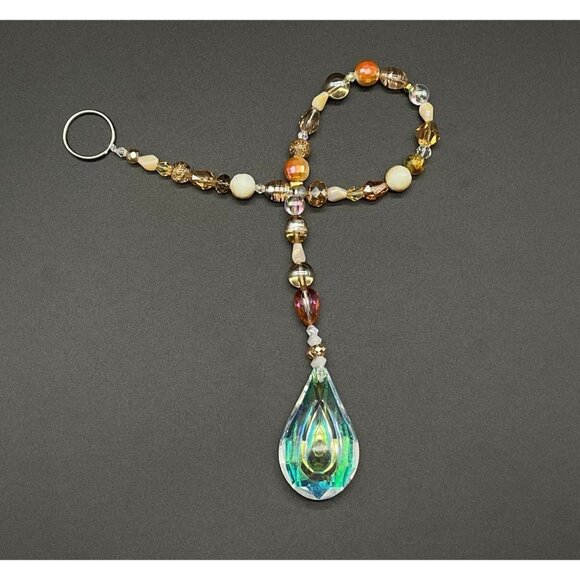 Beaded Suncatcher - Champagne Gold - Clear Crystal Prism - Hanging Decor - Picture 5 of 16
